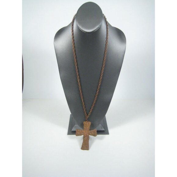 Handmade Copper Cross Pendant Necklace Floral Design Hammered CVG 30 inch Vintag - Picture 7 of 16